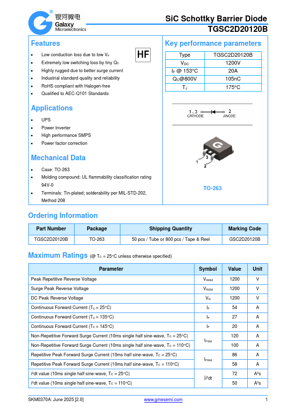 TGSC2D20120B SiC Schottky Barrier Diode by GME - Datasheet Preview