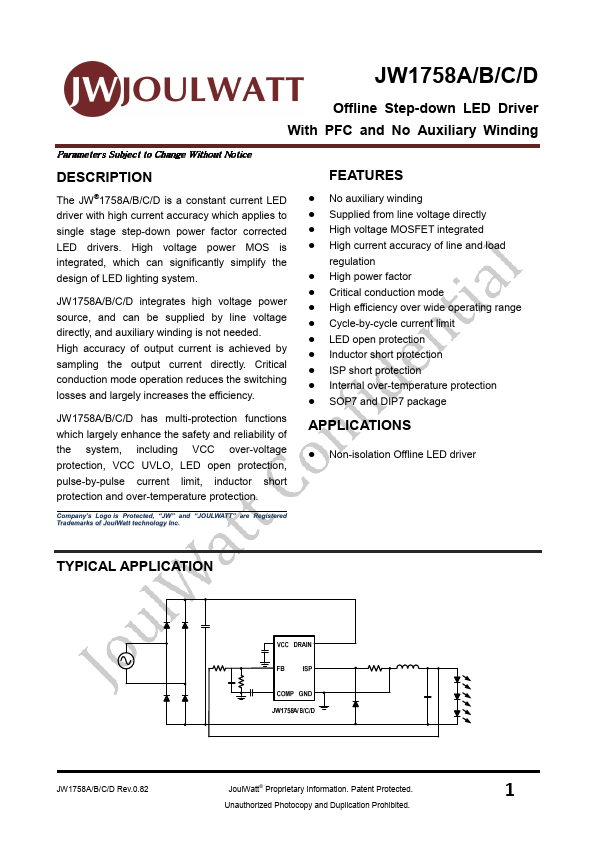 JW1758D Offline Step-down LED Driver by JoulWatt - Datasheet Preview