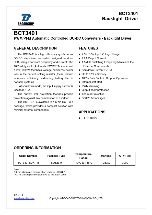 BCT3401 Backlight Driver by BROADCHIP - Datasheet Preview