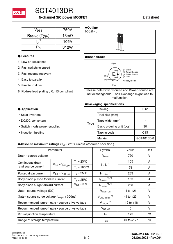 SCT4013DR N-channel SiC power MOSFET by ROHM - Datasheet Preview
