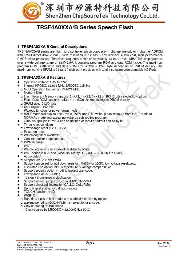 TRSF4A020A Speech Flash by ChipSourceTek - Datasheet Preview