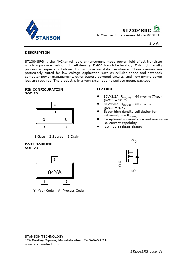 ST2304 3.2A N-Channel Enhancement Mode MOSFET by Stanson Technology - Datasheet Preview