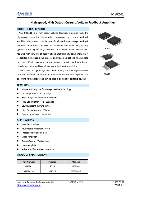 MS8241M Voltage Feedback Amplifier by Ruimeng - Datasheet Preview