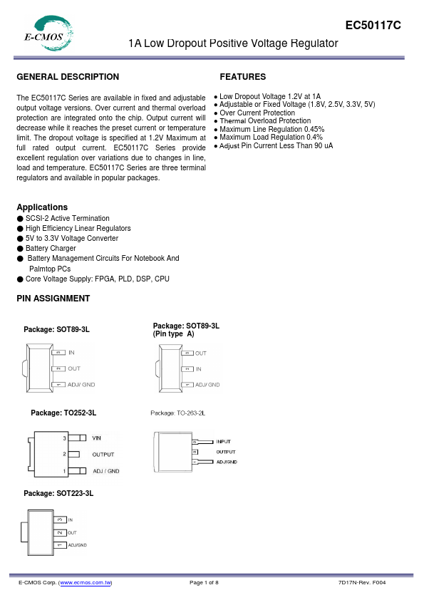 EC50117C 1A Low Dropout Positive Voltage Regulator by E-CMOS - Datasheet Preview