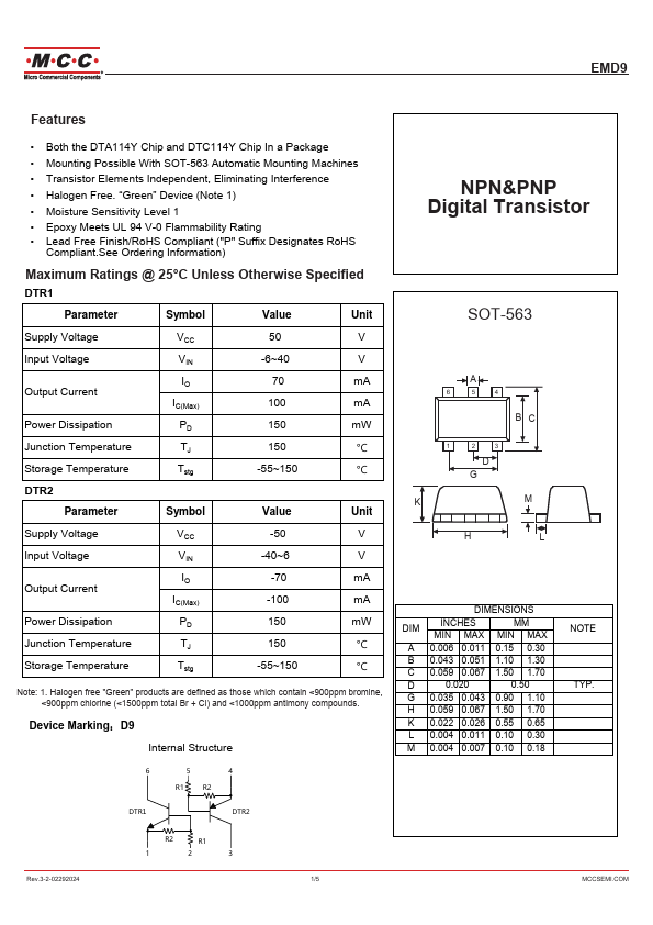 EMD9 NPN&PNP Digital Transistor by MCC - Datasheet Preview