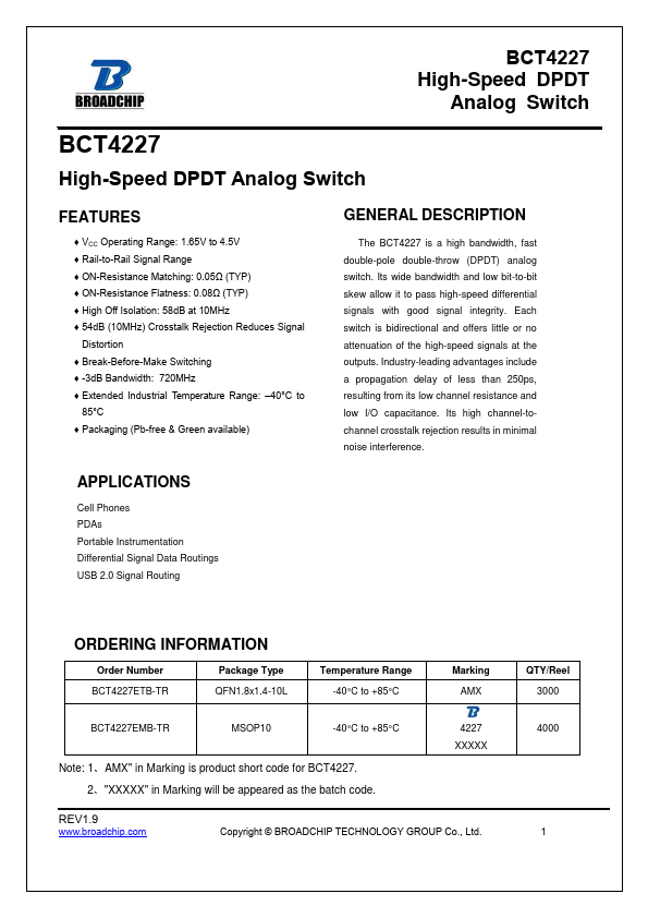 BCT4227 High-Speed DPDT Analog Switch by BROADCHIP - Datasheet Preview