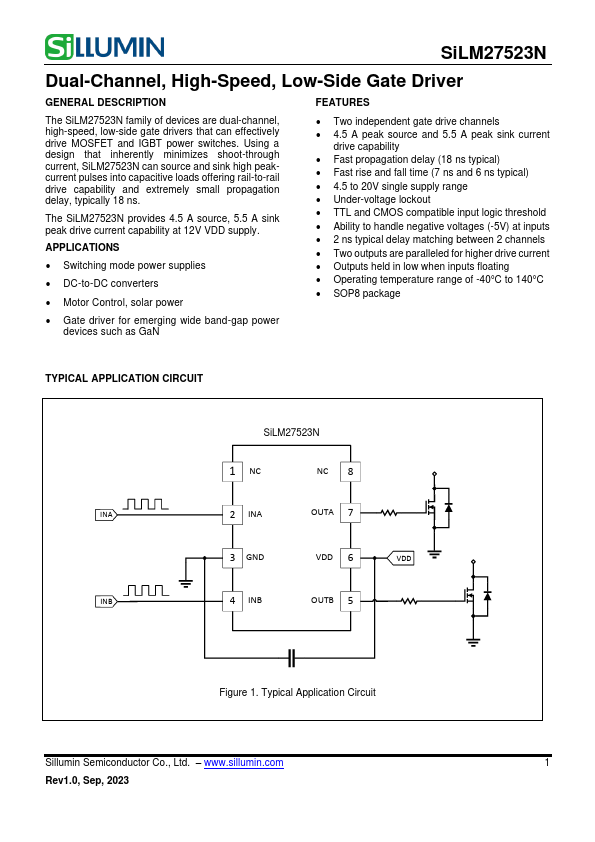 SiLM27523N Dual-Channel High-Speed Low-Side Gate Driver by Sillumin - Datasheet Preview