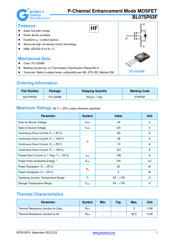 BL075P03F P-Channel Enhancement Mode MOSFET by GME - Datasheet Preview