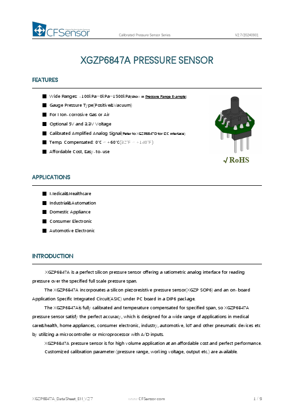 XGZP6847A Pressure Sensor Module by CFSensor - Datasheet Preview