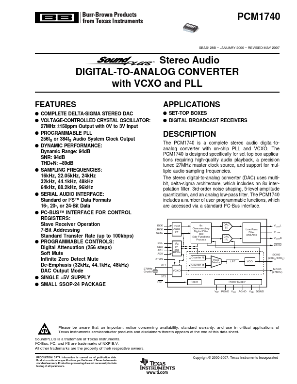 PCM1740 Stereo Audio DIGITAL-TO-ANALOG CONVERTER by Burr-Brown - Datasheet Preview