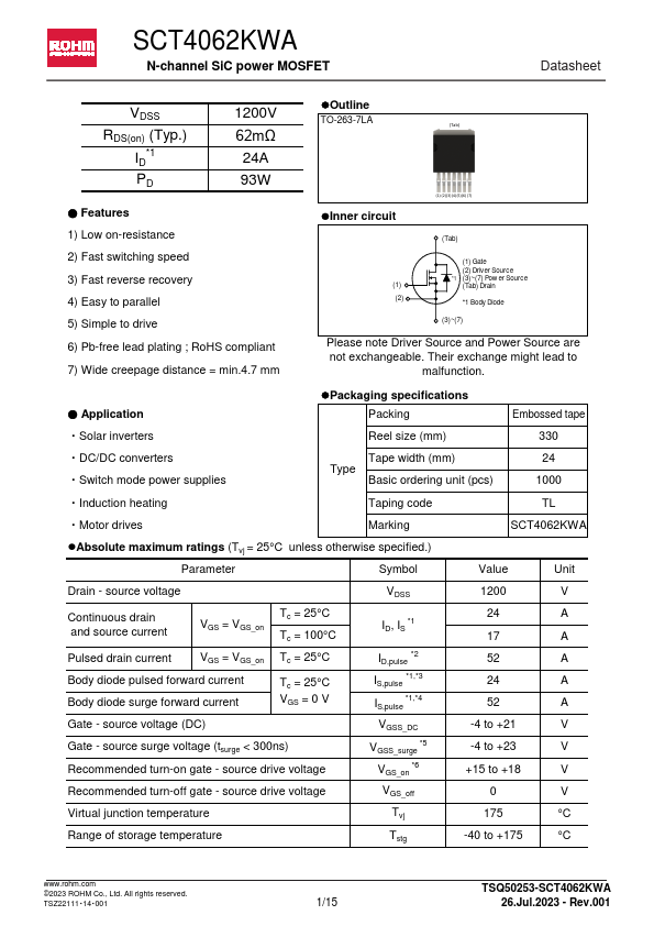 SCT4062KWA N-channel SiC power MOSFET by ROHM - Datasheet Preview
