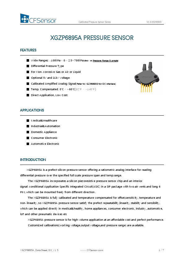 XGZP6895A Calibrated Pressure Sensor by CFSensor - Datasheet Preview