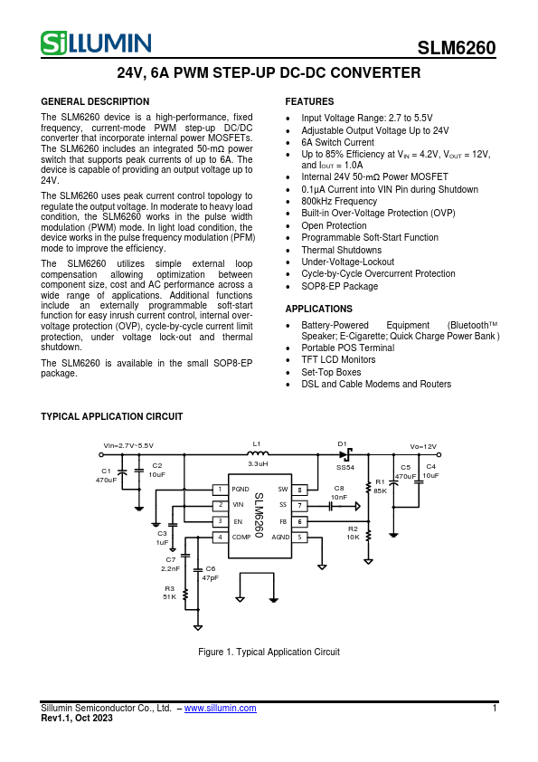 SLM6260 24V 6A PWM STEP-UP DC-DC CONVERTER by Sillumin - Datasheet Preview