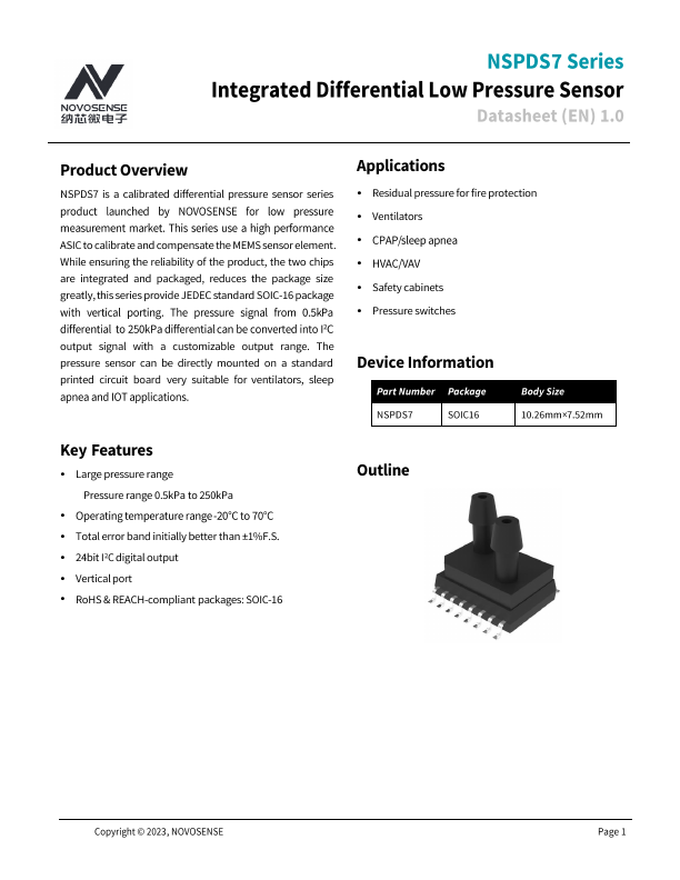 NSPDS7 Integrated Differential Pressure Sensor by NOVOSENSE - Datasheet Preview