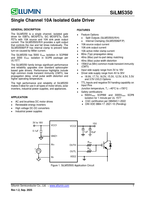 SiLM5350 Single Channel 10A Isolated Gate Driver by Sillumin - Datasheet Preview