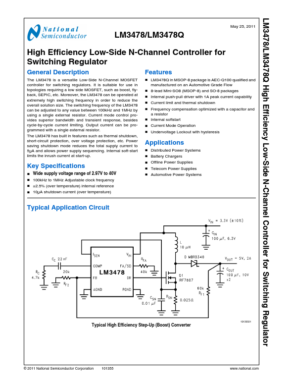 LM3478 High Efficiency Low-Side N-Channel Controller by National Semiconductor - Datasheet Preview