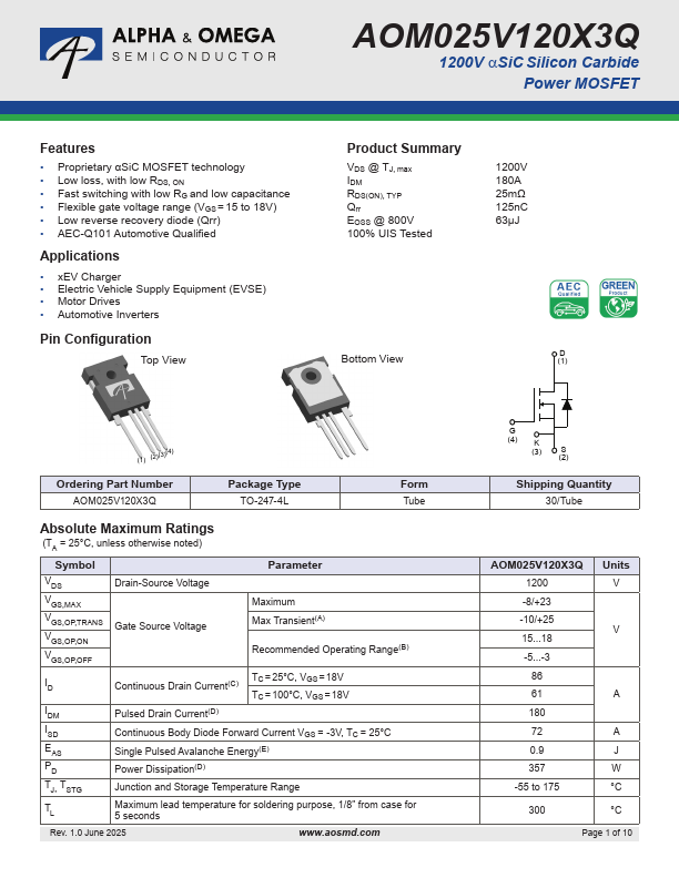 AOM025V120X3Q 1200V Silicon Carbide Power MOSFET by Alpha & Omega Semiconductors - Datasheet Preview