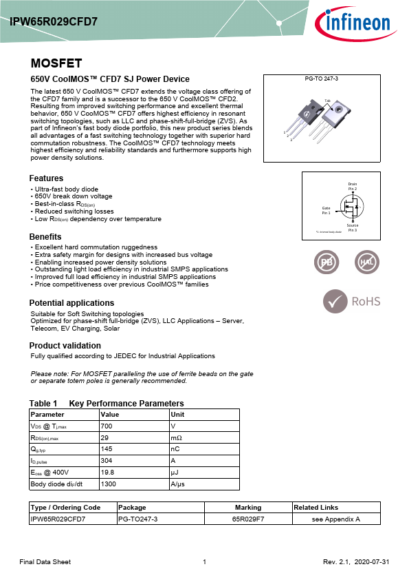 IPW65R029CFD7 Datasheet Preview