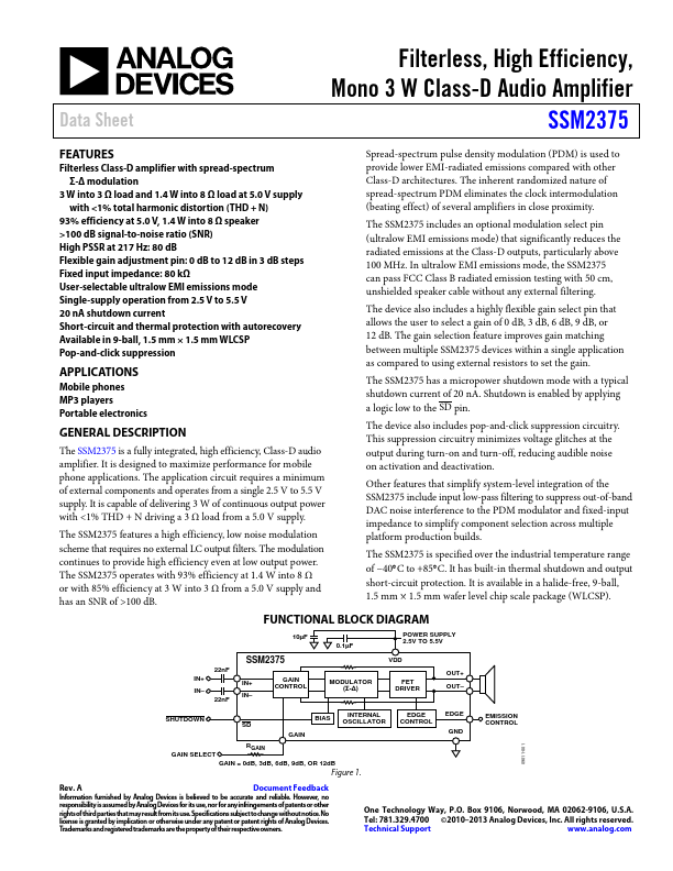 SSM2375 Mono 3W Class-D Audio Amplifier by Analog Devices - Datasheet Preview
