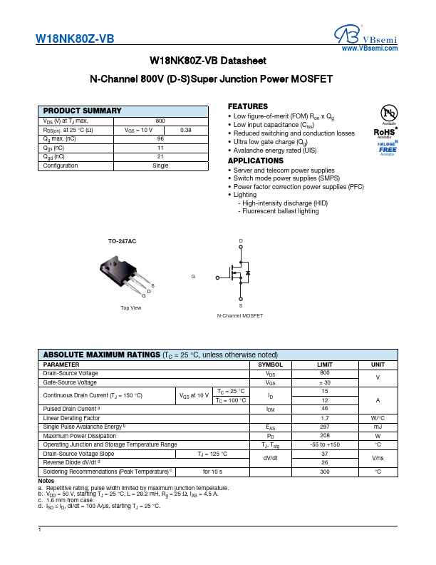 W18NK80Z Datasheet Preview
