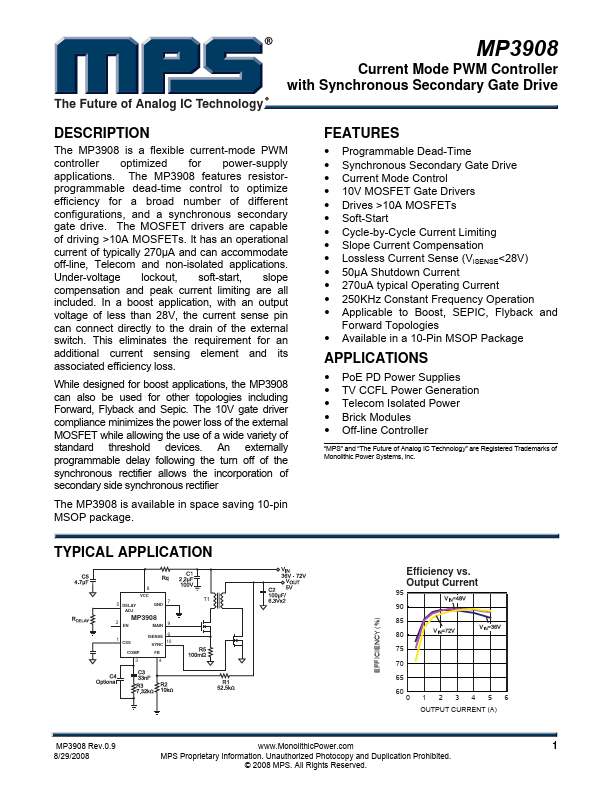 MP3908 Current Mode PWM Controller by MPS - Datasheet Preview