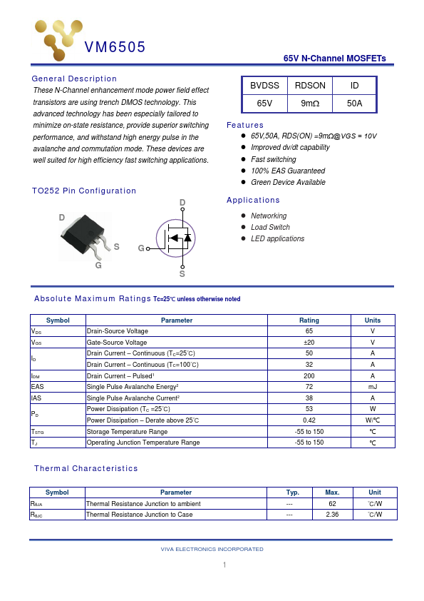 VM6505 65V N-Channel MOSFET by Viva Electronics - Datasheet Preview