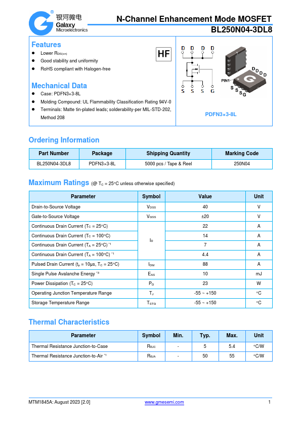 BL250N04-3DL8 N-Channel Enhancement Mode MOSFET by GME - Datasheet Preview