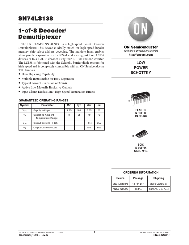 74138 Datasheet, SCHOTTKY, ON Semiconductor