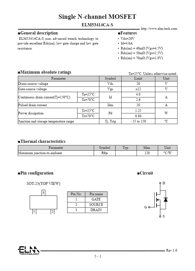 ELM53414CA-S Single N-channel MOSFET by ELM - Datasheet Preview