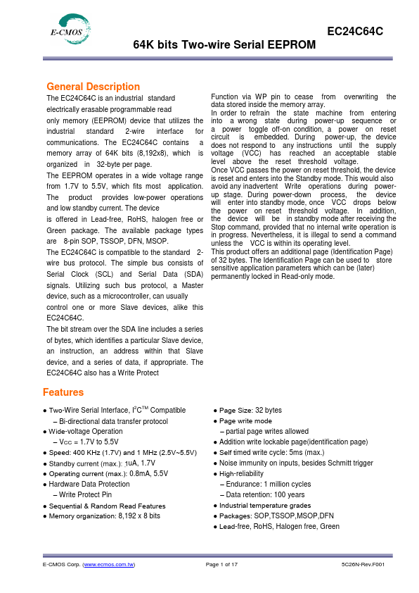 EC24C64C 64K bits Two-wire Serial EEPROM by E-CMOS - Datasheet Preview