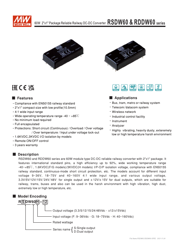 RDDW60G-12 DC-DC Converter by MEAN WELL - Datasheet Preview