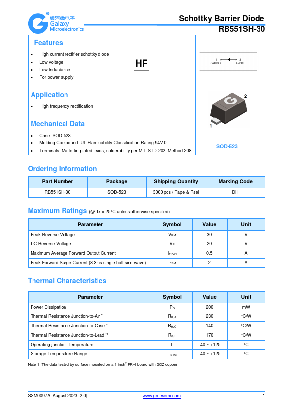 RB551SH-30  Schottky Barrier Diode by GME - Datasheet Preview