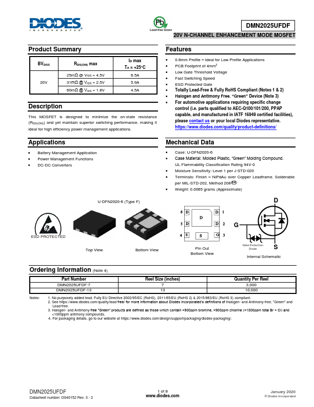 DMN2025UFDF 20V N-CHANNEL ENHANCEMENT MODE MOSFET by DIODES - Datasheet Preview