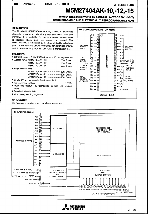 M5M27404AK-12 CMOS Erasable and Electrically Reprogrammable ROM by Mitsubishi - Datasheet Preview