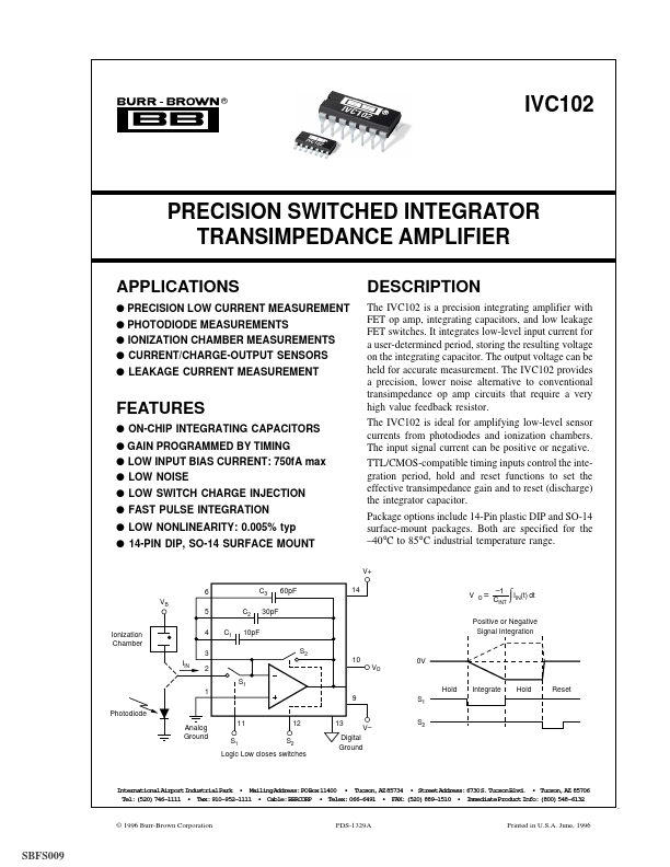 IVC102 PRECISION SWITCHED INTEGRATOR TRANSIMPEDANCE AMPLIFIER by Burr-Brown - Datasheet Preview