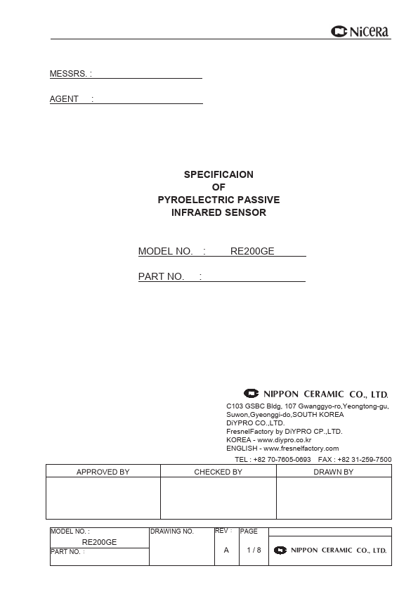 RE200GE PYROELECTRIC PASSIVE INFRARED SENSOR by Nippon Ceramic - Datasheet Preview