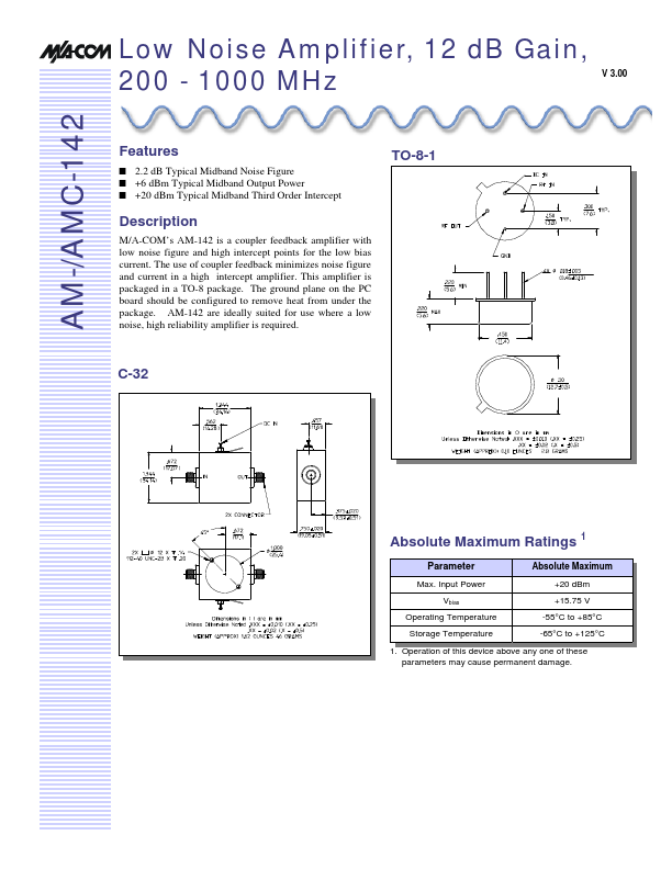AMC-142 Low Noise Amplifier by MACOM - Datasheet Preview