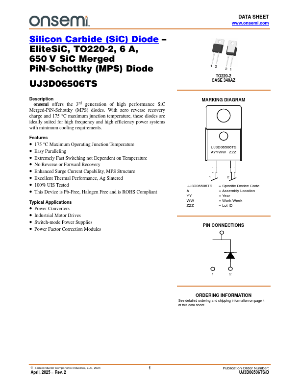 UJ3D06506TS 650V SiC Diode by ON Semiconductor - Datasheet Preview