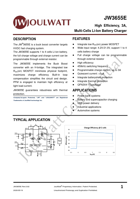 JW3655E 3A Multi-Cells Li-Ion Battery Charger by JoulWatt - Datasheet Preview