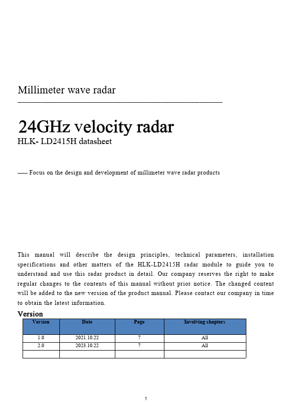 HLK-LD2415H Millimeter wave radar by Hi-Link - Datasheet Preview