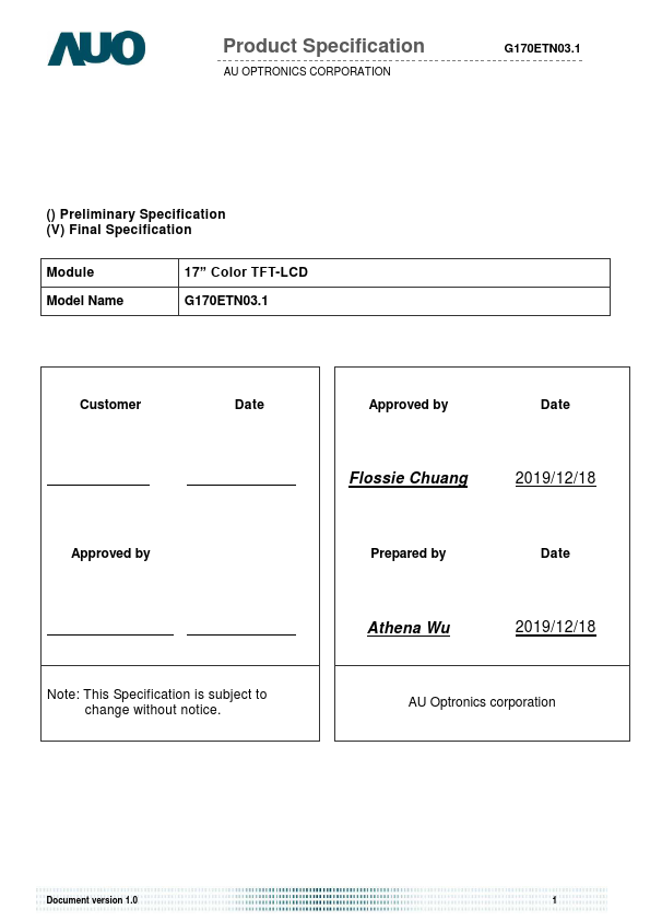 G170ETN03.1 Datasheet Preview