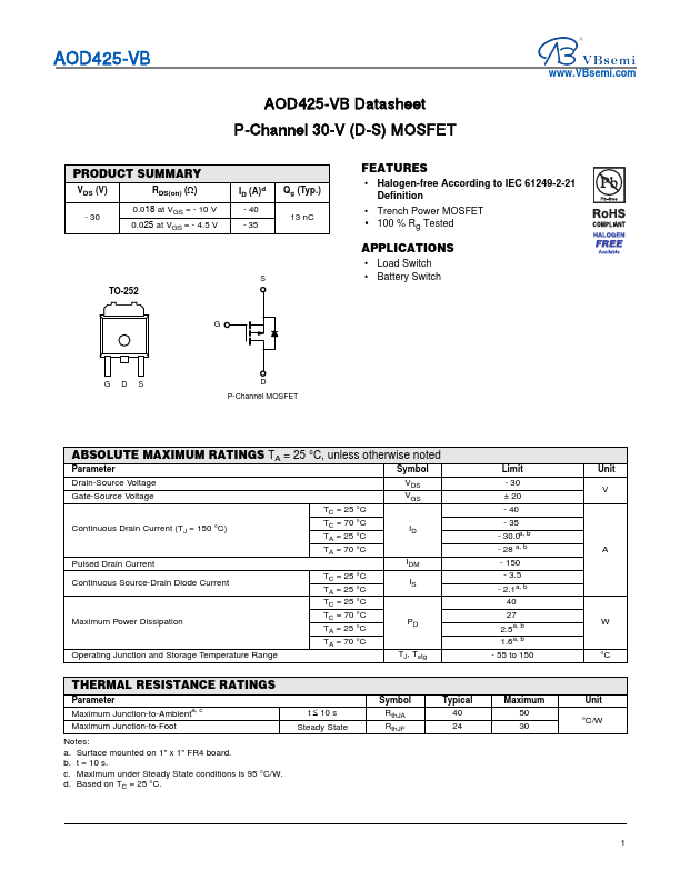 AOD425 Datasheet Preview