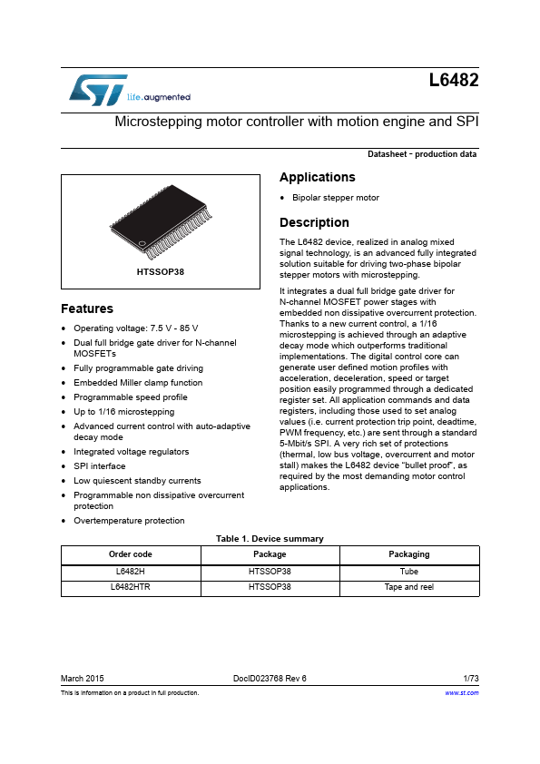 L6482H Microstepping motor controller by STMicroelectronics - Datasheet Preview