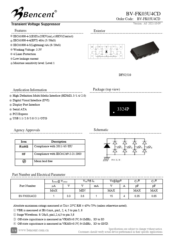 BV-FK03U4CD Transient Voltage Suppressor by Bencent - Datasheet Preview