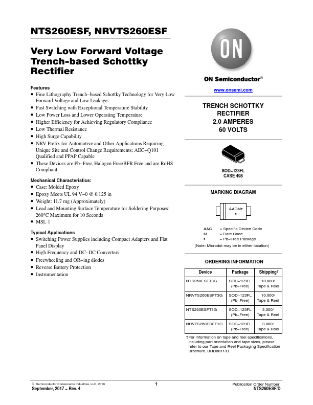 NTS260ESF Datasheet NTS260ESF ONSemiconductor pdf Very Low Forward NTS260ESF Datasheet NTS260ESF ONSemiconductor pdf Very Low Forward