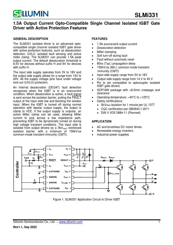 SLMi331 1.5A Output Current Opto-Compatible Single Channel Isolated IGBT Gate Driver by Sillumin - Datasheet Preview