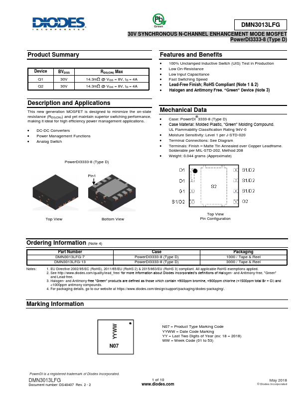 DMN3013LFG Datasheet Preview
