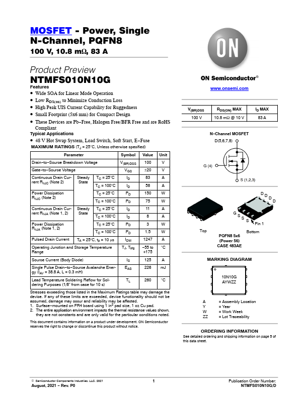 NTMFS010N10G Datasheet Preview