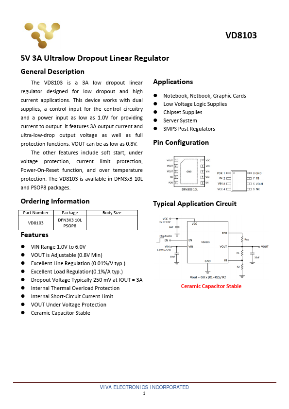 VD8103 5V 3A Ultralow Dropout Linear Regulator by Viva Electronics - Datasheet Preview
