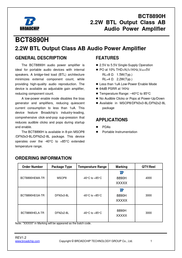 BCT8890H 2.2W BTL Output Class AB Audio Power Amplifier by BROADCHIP - Datasheet Preview